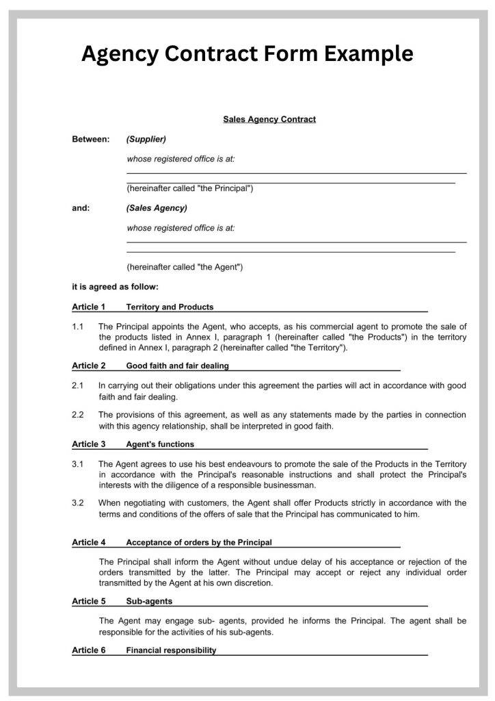 Agency Contract Form Example Simple Agency Contract Form Example Template