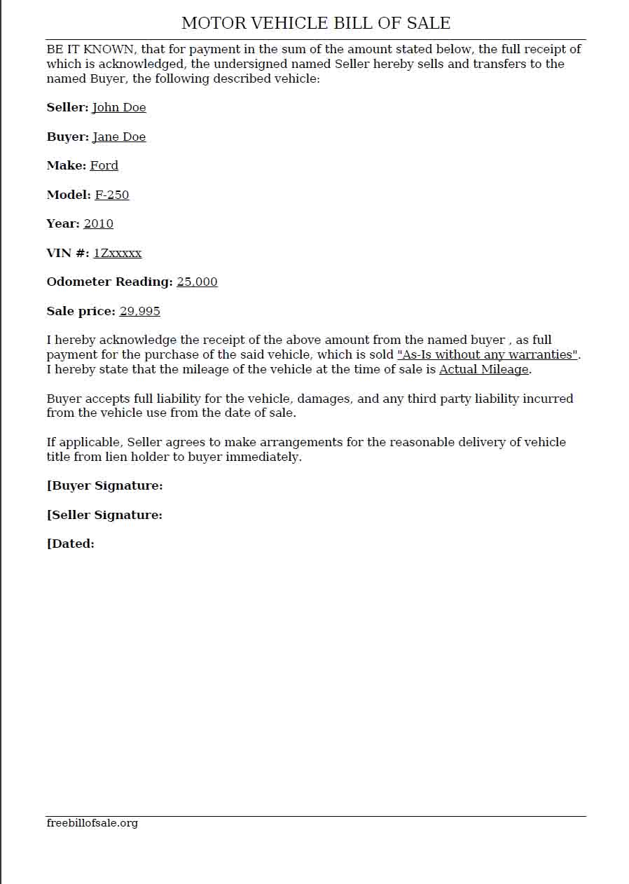 Bill Of Sale - Sample - Free Printable Documents