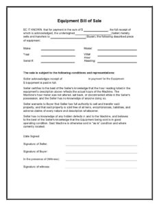 Simple Equipment Bill Of Sale Template Template
