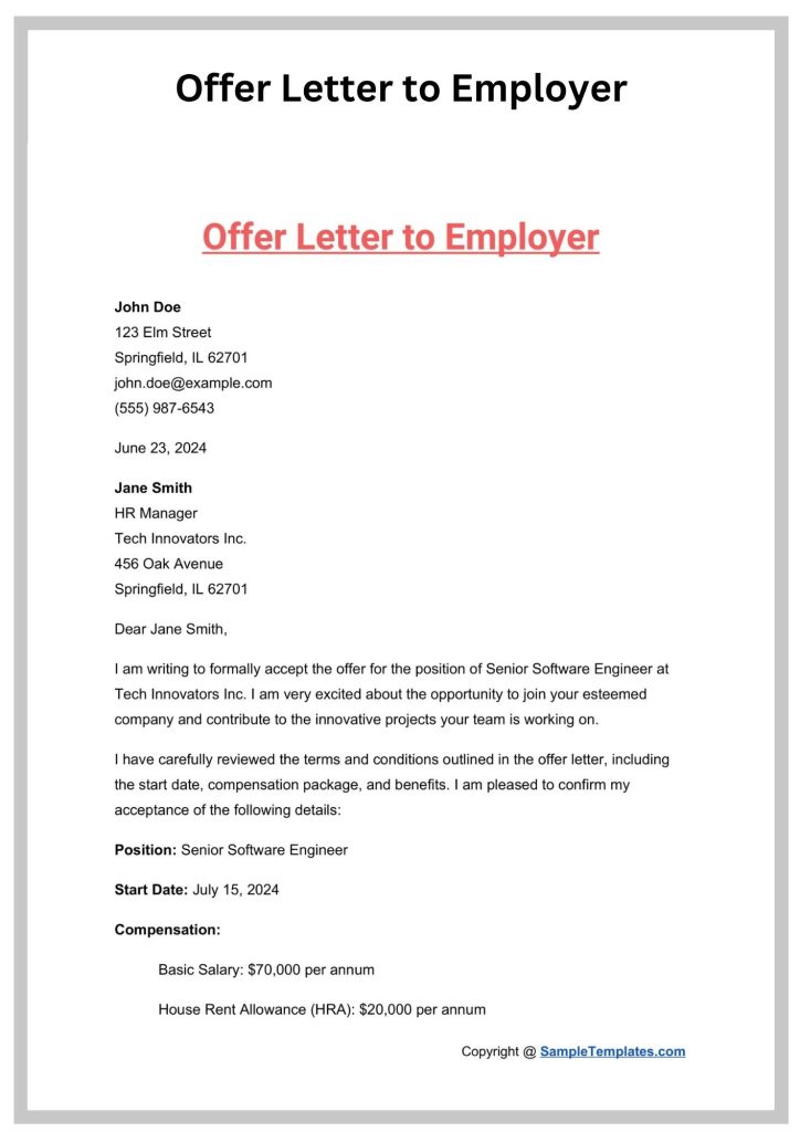 Offer Letter to Employer Simple Offer Letter To Employer Template