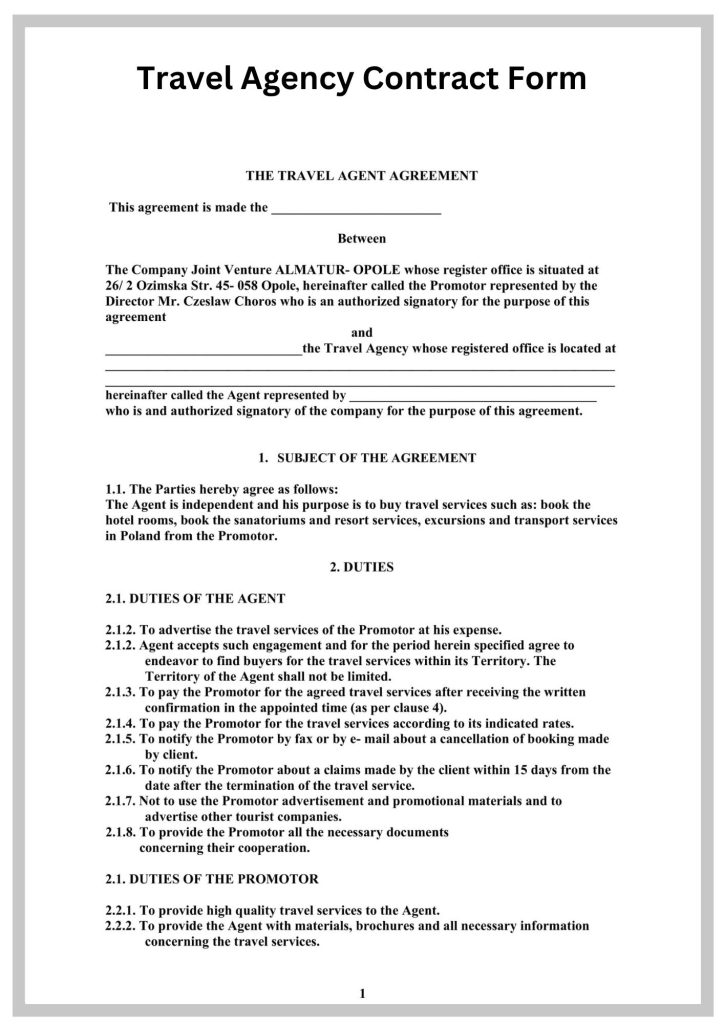 Travel Agency Contract Form Simple Travel Agency Contract Form Template