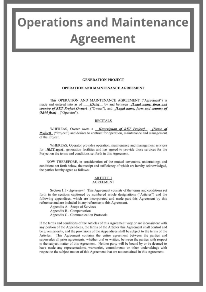 Operations and Maintenance Agreement Simple Operations And Maintenance Agreement Template